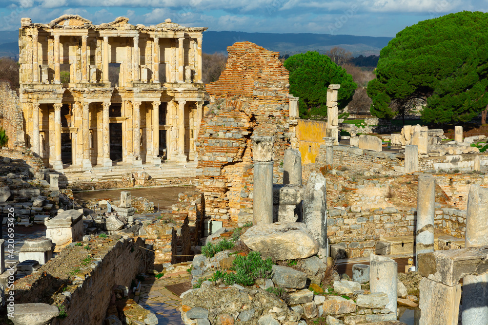 Ruins of Celsius Library in ancient city Ephesus. Turkey