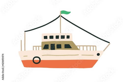 Double-deck ship with flag in Scandinavian style. Sea passenger transport or fishing vessel. Colored flat vector illustration isolated on white background
