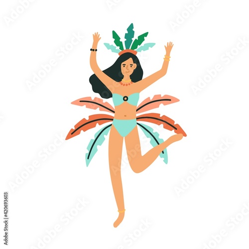 Beautiful Brazilian dancer dancing samba at Rio carnival. Woman dressed in bikini and feathered crown. Colored flat vector illustration of lady at Latino party isolated on white background