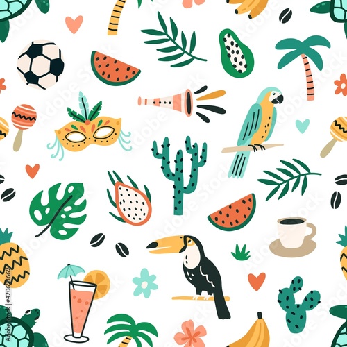 Fototapeta Naklejka Na Ścianę i Meble -  Seamless Brazilian pattern with cultural and natural symbols of Brazil on white background. Endless texture with fruits, birds and plants of Brasil. Colorful flat vector illustration for printing