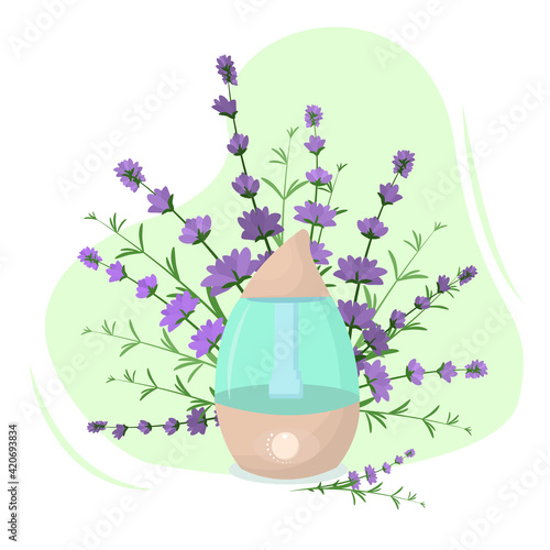 vector illustration of a humidifier diffuser with lavender sprigs on the background. The concept of aromatherapy and healthy lifestyle