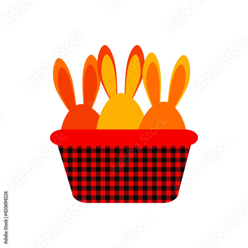Hares rabbits with long ears in a basket on a white background for Easter. Cute illustration for printing on clothes, kitchen textiles, kids decor, interior design. Vector graphics.