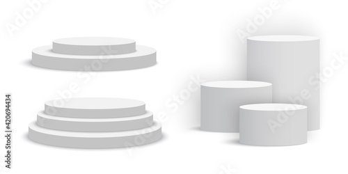 White blank round podiums. Set of pedestals. Vector illustration.