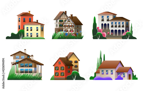 A set of images of village houses in different architectural styles. Vector full-color illustration.