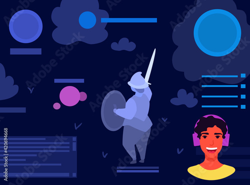 A video game streamer, broadcaster. RPG game live streaming, broadcast. A character, hero with a sword. A man playing. A vector cartoon illustration.