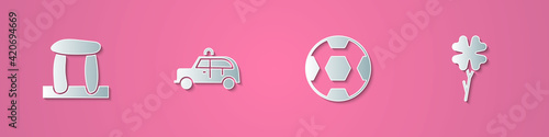 Set paper cut Stonehenge, Taxi car, Football ball and Four leaf clover icon. Paper art style. Vector