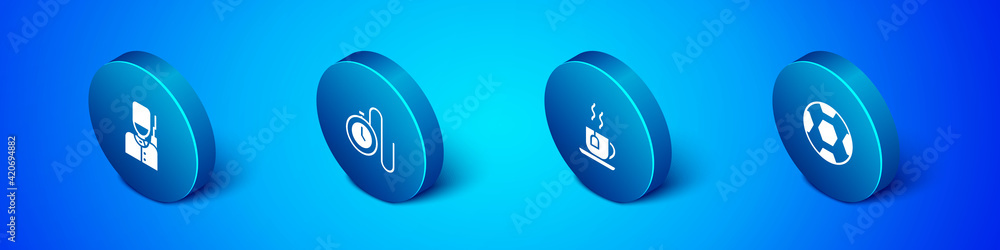 Set Isometric British soldier, Cup of tea with tea bag, Football ball and Watch chain icon. Vector Set Isometric British soldier, Cup of tea with tea bag, Football ball and Watch chain icon. Vector