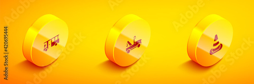 Set Isometric Bus, Tow truck and Traffic cone icon. Vector