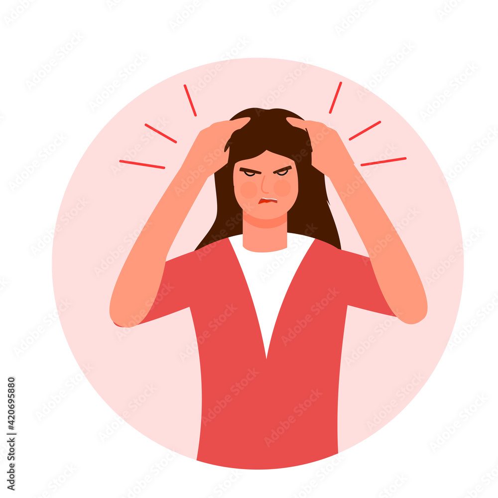 Outraged angry girl in flat modern style. Isolated on white background. Experiencing negative emotions. Anger. Disappointment. For your design. Outraged angry girl in flat modern style. Isolated on white background. Experiencing negative emotions. Anger. Disappointment. For your design.