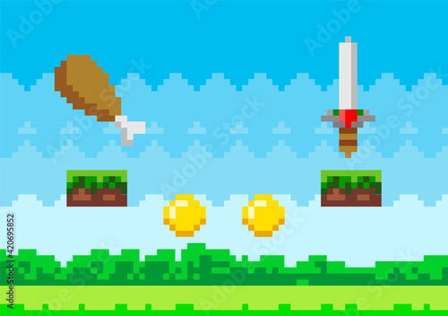 Pixel art game background with reward objects food and weapons in nature landscape background