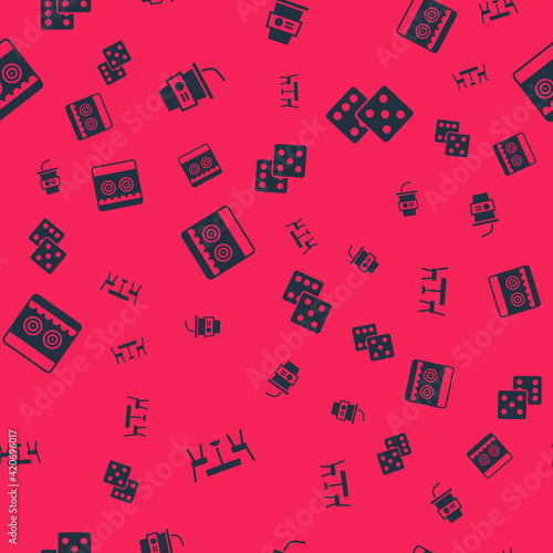 Set Picnic table with chairs, Paper glass water, Shooting gallery and Game dice on seamless pattern. Vector