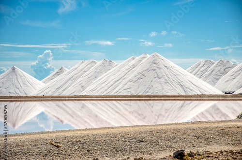 Salt Pyramids in Bonaire, caribbean island, dutch antilles. Salt mountains, Salt mountain range. Salt towers photo
