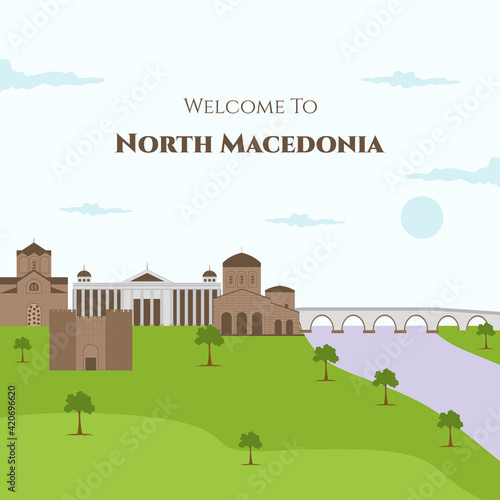 Welcome to North Macedonia vector flat illustration with famous building landmark such as St. John the Theologian, Samoil's Fortress, Monastery of St. Naum, Museum of Macedonia and Stone bridge photo