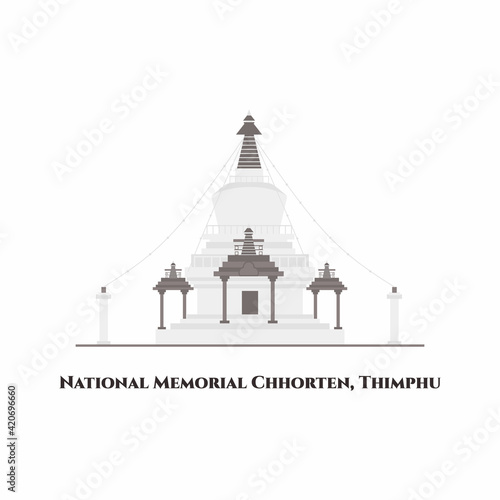National Memorial Chhorten in Thimphu, Bhutan. The Memorial Stupa, an unique architectural landmark attraction. It is dedicated to World Peace. One of the most visited sight. Vector flat cartoon
