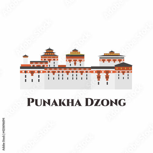 Punakha Dzong or Pungthang Dewa chhenbi Phodrang in Buthan. Heritage building. The whole place is very majestic and decorative. Highly recommended for tourist visit. Vector flat illustration