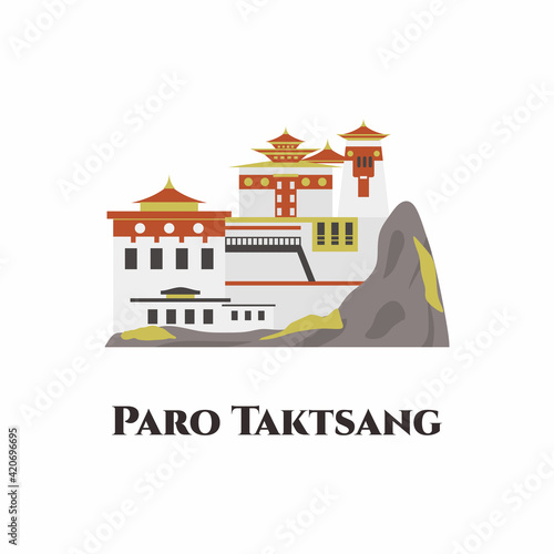 Paro Taktsang in Buthan. A sacred Vajrayana Himalayan Buddhist site. Historical famous monastery building isolated on white background. Cartoon flat style. Great for travel tourist vacation