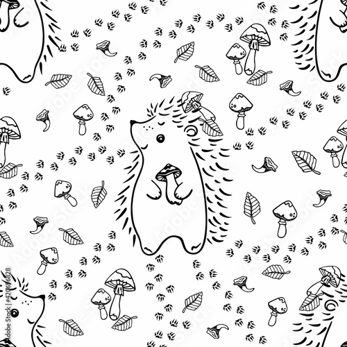 Vector seamless pattern hedgehog looking for mushrooms. Footprints of a hedgehog running through the forest in search of food. Black and white design for printing on textiles, packaging, paper.