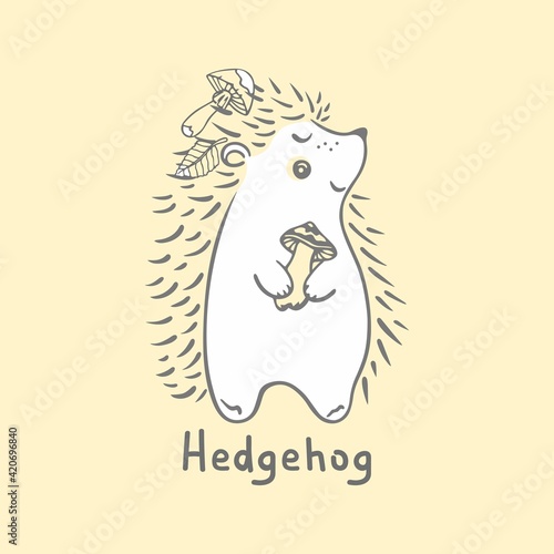 Vector illustration of cute hedgehog drawing by contour. A hedgehog with a mushroom in its paws and on needles. Forest dweller, mushroom gatherer.