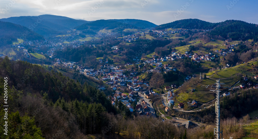 Aerial view of the bühlertal in germany on a sunny day in early spring