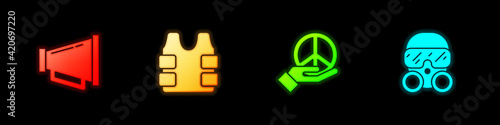 Set Megaphone, Bulletproof vest, Peace and Gas mask icon. Vector