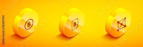 Set Isometric Bitcoin, Mining bitcoin from tablet and Blockchain technology icon. Vector