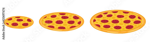 Pizza sizes. Vector infographic illustration. Isometric view. Small, medium and large.