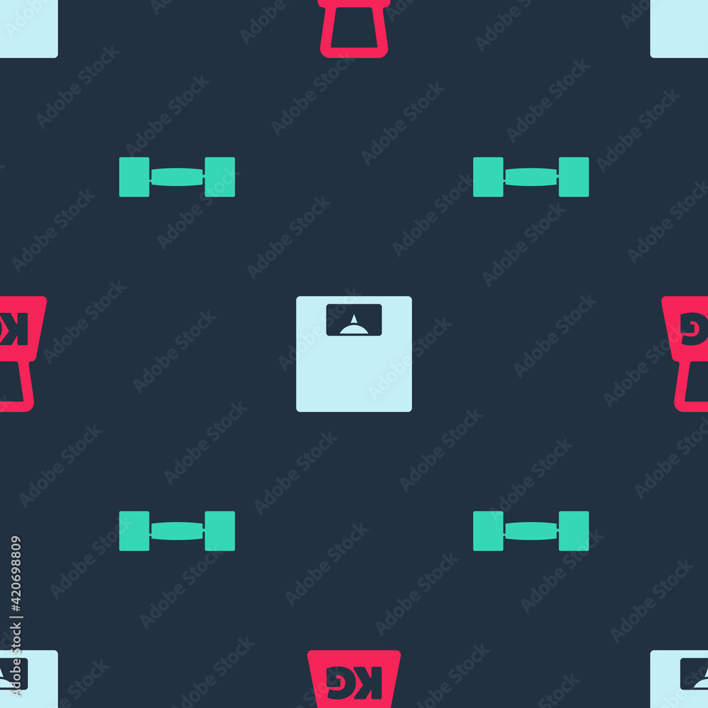 Fototapeta premium Set Weight, Bathroom scales and Dumbbell on seamless pattern. Vector