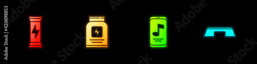 Set Sports nutrition, , Music player and Step platform icon. Vector