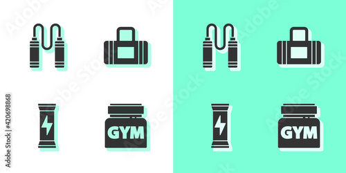 Set Sports nutrition, Jump rope, and bag icon. Vector