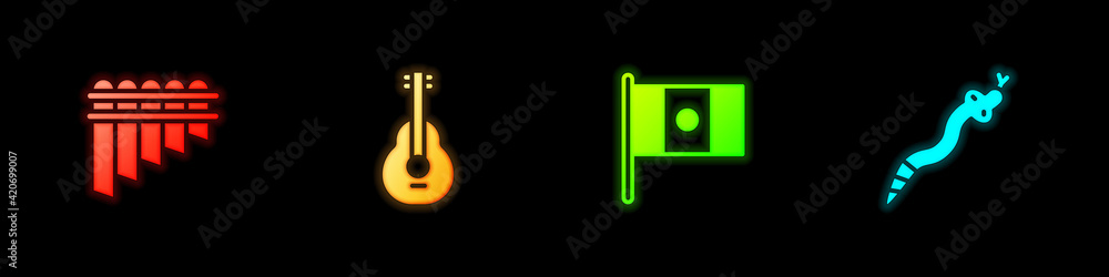 Set Pan flute, Mexican guitar, Mexico flag and Snake icon. Vector Set Pan flute, Mexican guitar, Mexico flag and Snake icon. Vector
