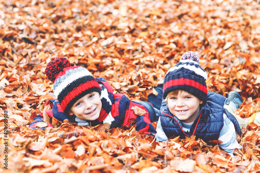 Two little twin boys lying in autumn leaves in colorful clothing. Happy siblings kids having fun in autumn forest or park on fall day. With casual fashion hats and scarfs. Friends playing together. Two little twin boys lying in autumn leaves in colorful clothing. Happy siblings kids having fun in autumn forest or park on fall day. With casual fashion hats and scarfs. Friends playing together.
