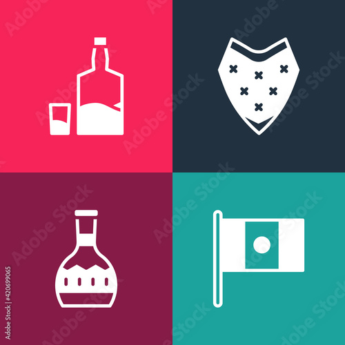 Set pop art Mexico flag, Tequila bottle, Poncho and and glass icon. Vector