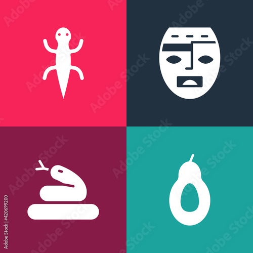 Set pop art Avocado, Snake, Aztec mask and Lizard icon. Vector