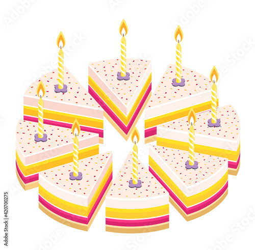 Pieces of pie cake with candles. Birthday celebration. Cut whole cake and its slice parts split up. Isometric view. Vector illustration set.