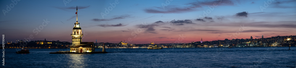 Beautiful Maiden's Tower sunset panorama in istanbul