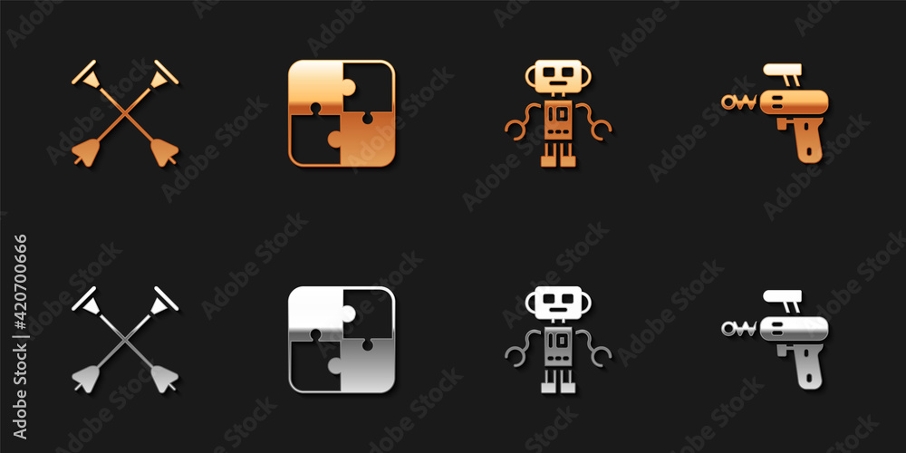 Set Arrow with sucker tip, Puzzle pieces toy, Robot and Ray gun icon. Vector Set Arrow with sucker tip, Puzzle pieces toy, Robot and Ray gun icon. Vector