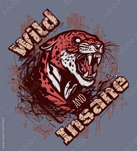 Wild and insane leopard illustration. Wild and insane illustration for t-shirt or any other print with lettering and angry leopard. 
