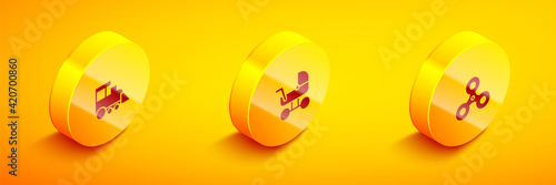 Set Isometric Toy train, Baby stroller and Fidget spinner icon. Vector