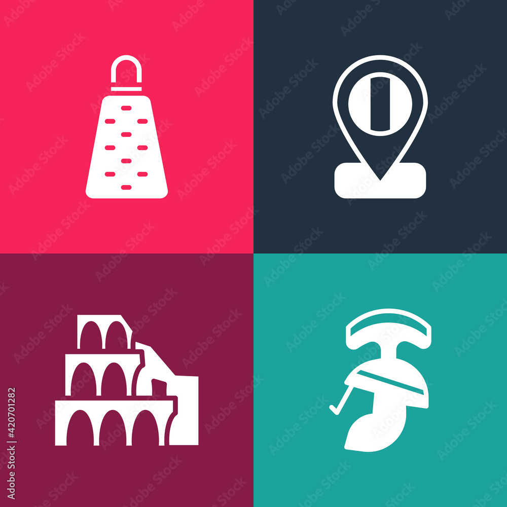 Set pop art Roman army helmet, Coliseum in Rome, Location flag Italy and Grater icon. Vector