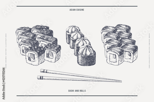 Set of hand-drawn rolls with chopsticks on isolated background. Rolls with cheese, baked sauce, fish. Retro picture for the menu of sushi bars, restaurants. Vector illustration in an engraving style.