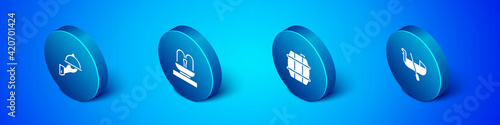 Set Isometric Covered with tray of food, Barrel for wine, Gondola and Fountain icon. Vector