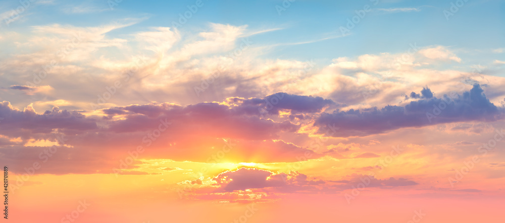 Panorania of Real Sunrise Sky with colorful clouds