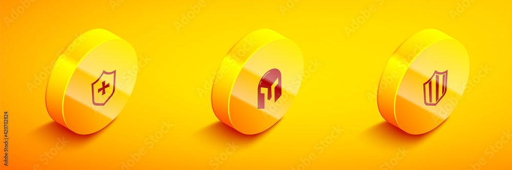 Set Isometric Shield, Medieval iron helmet and icon. Vector Set Isometric Shield, Medieval iron helmet and icon. Vector