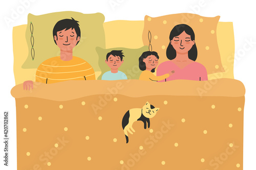 Sleeping family in bed. Dad, son, daughter hugs mom. Sleeping cat on a blanket. Happy family falls asleep together. View from above. A married couple with children doze in bedroom. Vector illustration