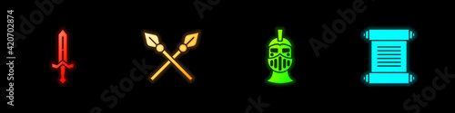 Set Medieval sword, Crossed medieval spears, iron helmet and Decree, parchment, scroll icon. Vector