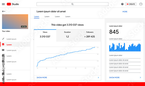 Infographic chart. Views statistic on youtube video. Subscribers and audience. Marketing work flow and template. Ads analisis mock up. Editorial progress presentation. Vector illustration