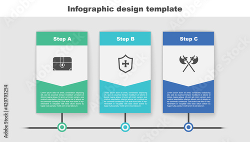 Set Antique treasure chest, Shield and Crossed medieval axes. Business infographic template. Vector