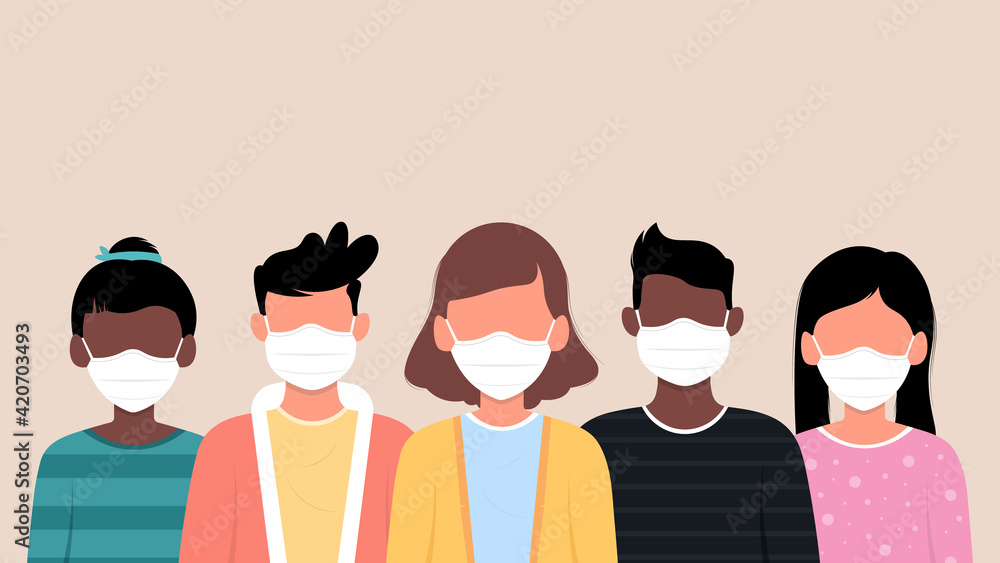 Group of people wearing medical mask to prevent from corona virus. Vector illustration.