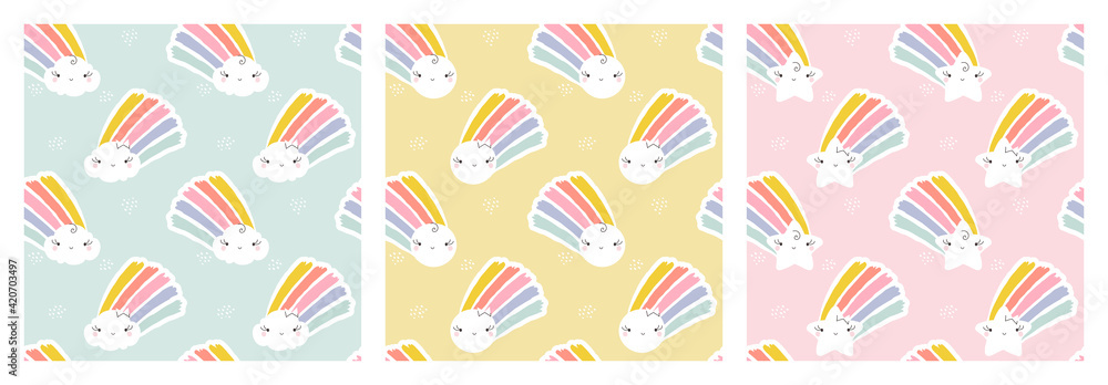Seamless patterns set of kawaii sun, star and cloud with rainbows. Creative vector design for cute wallpaper or funny packaging Seamless patterns set of kawaii sun, star and cloud with rainbows. Creative vector design for cute wallpaper or funny packaging