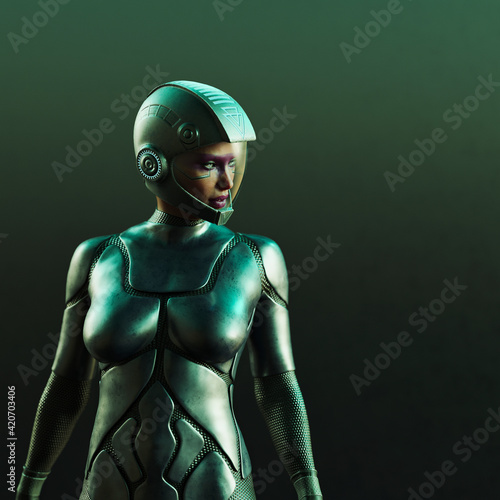 Futuristic woman in space suit and helmet standing confidently photo